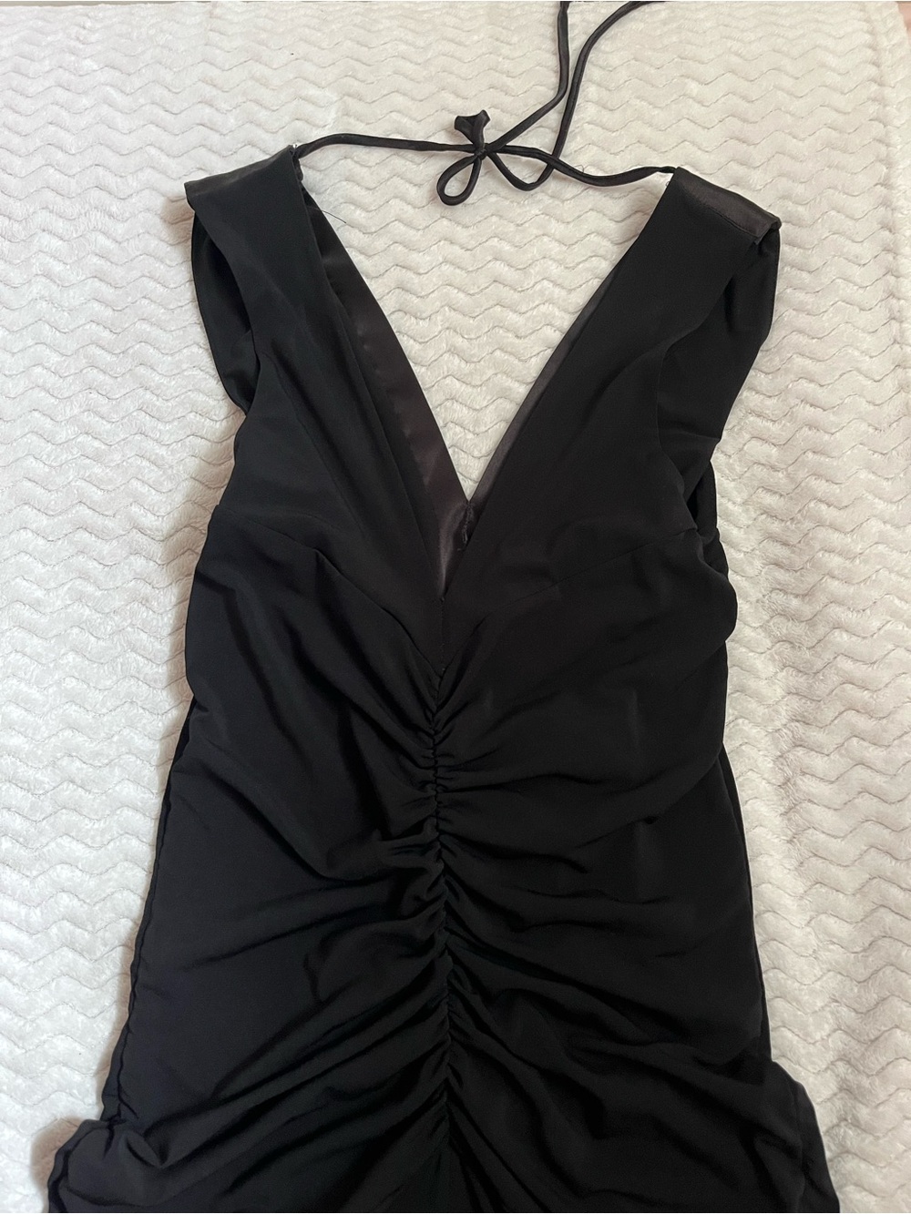 Vintage RW&CO. Black Ruched Halter V-Neck Dress with Leather Details